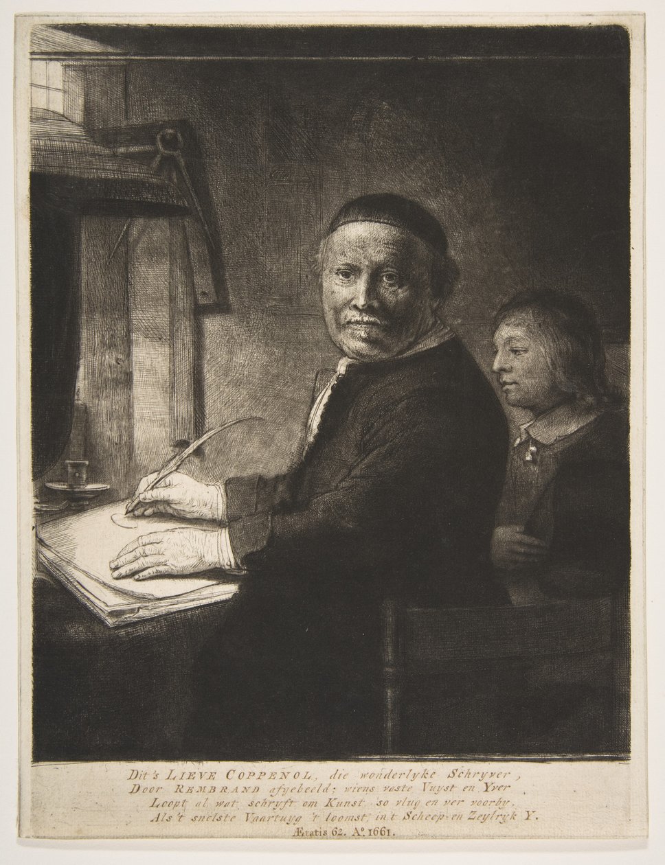 Lieven Willemsz van Coppenol med hans barnebarn, ca. 1658. av Rembrandt van Rijn
