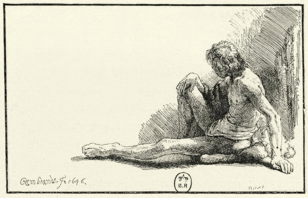 Naken mann sitter på gulvet av Rembrandt van Rijn
