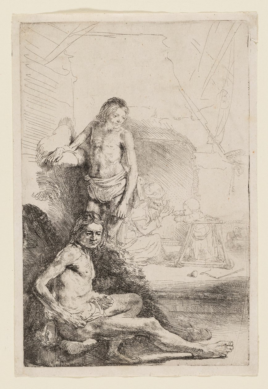 Naken mann sittende og stående av Rembrandt van Rijn
