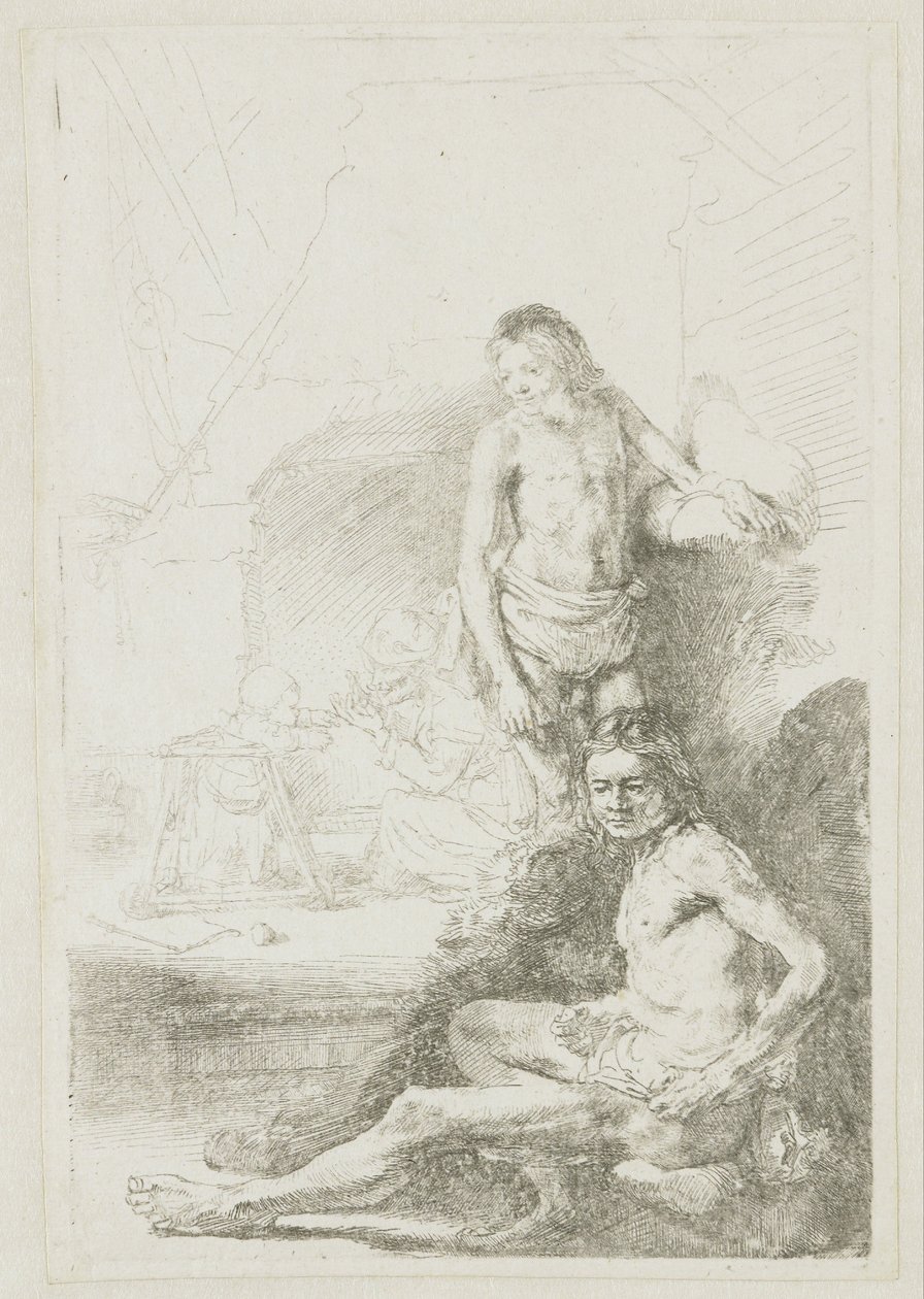 Mannlig nakenfigur, sittende og stående av Rembrandt van Rijn