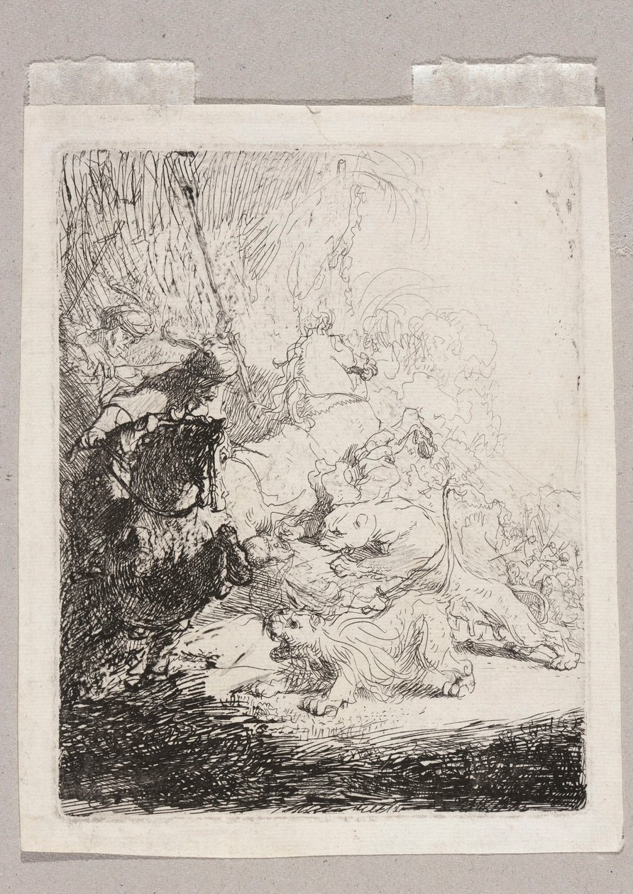 En liten løvejakt (med to løver) av Rembrandt van Rijn