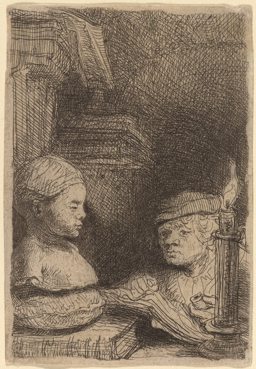 Mann tegner fra en rollebesetning av Rembrandt van Rijn