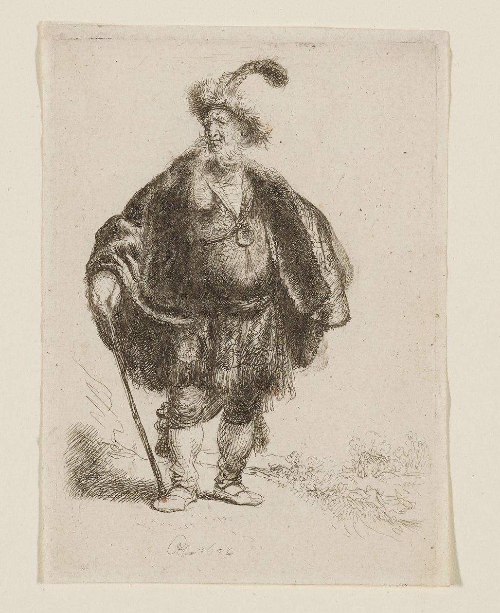 En mann som står, kledd i orientalsk drakt og en pelshatt med fjær av Rembrandt van Rijn