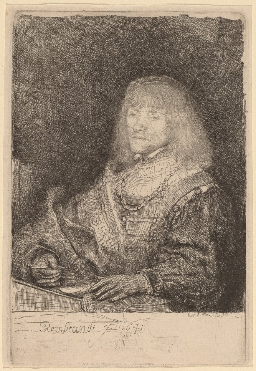 Mann ved et skrivebord med kors og kjede av Rembrandt van Rijn