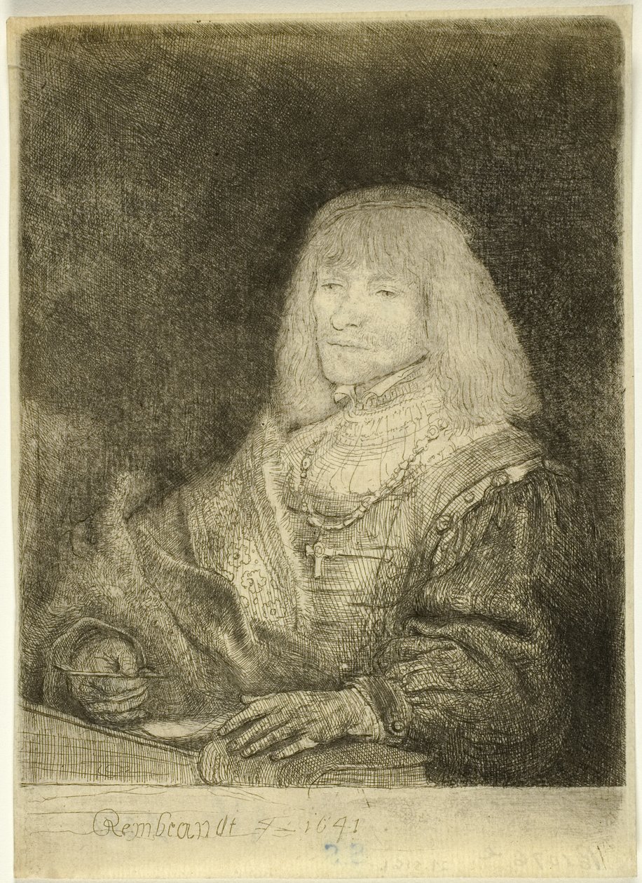 Mann ved et skrivebord med kors og kjede av Rembrandt van Rijn