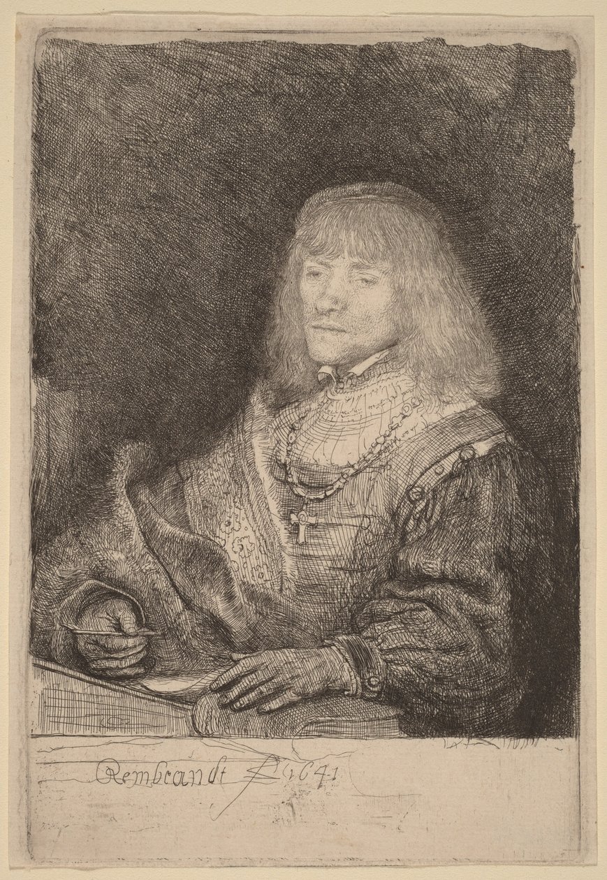 En mann ved et skrivebord med et kors og en kjede av Rembrandt van Rijn