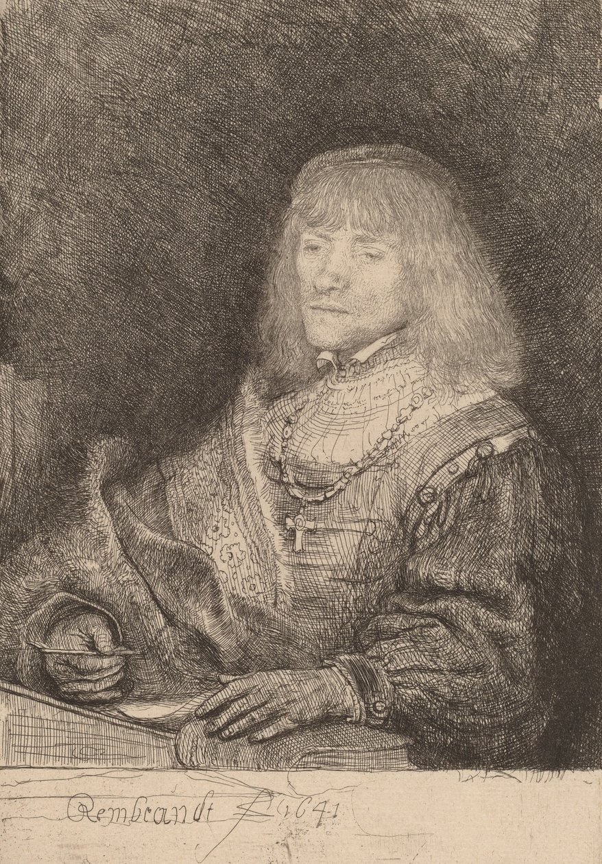 Mann ved et skrivebord med kors og kjede, 1641. av Rembrandt van Rijn