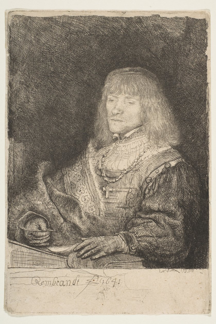 Mann ved et skrivebord med kors og kjede, 1641. av Rembrandt van Rijn