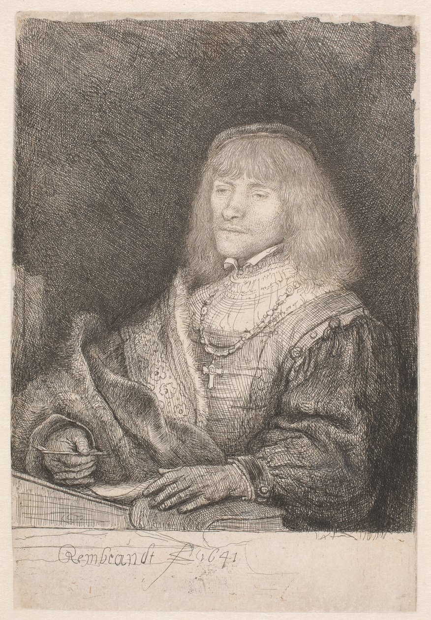 En mann ved et skrivebord, med et kors og en kjede rundt halsen av Rembrandt van Rijn