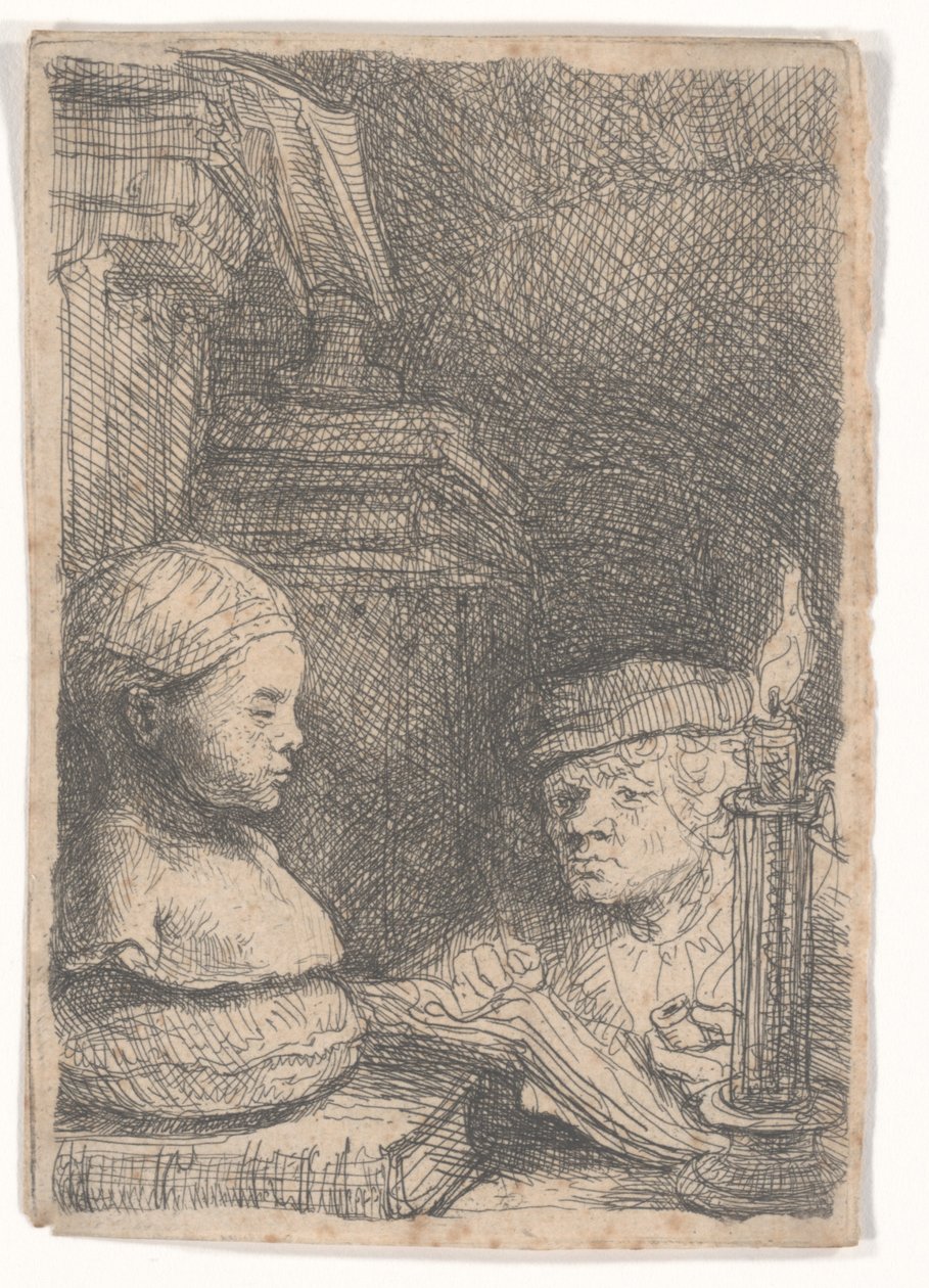 Mann tegner fra en rollebesetning av Rembrandt van Rijn