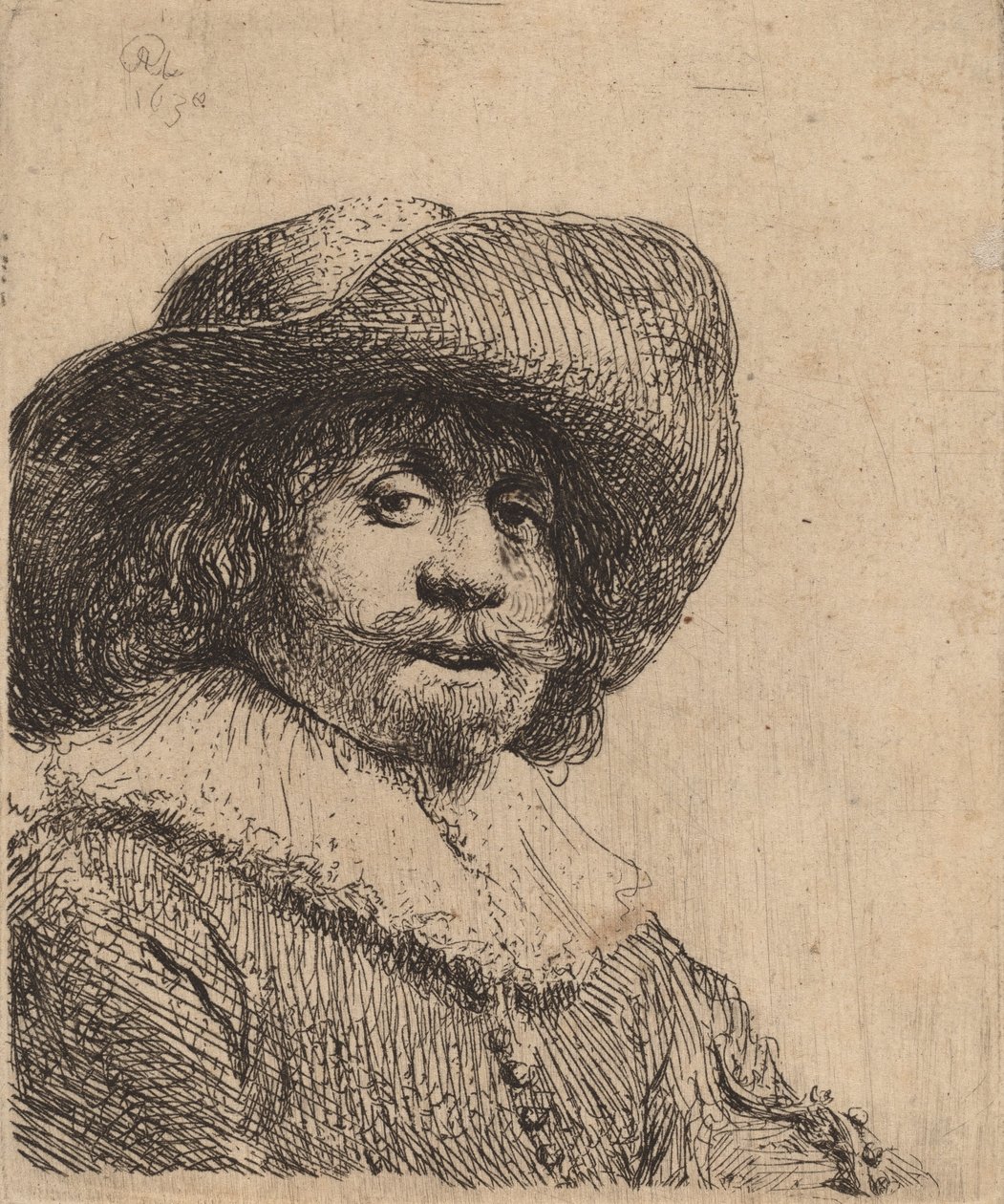 Mann i en bredbremmet hatt, muligens 1638. av Rembrandt van Rijn