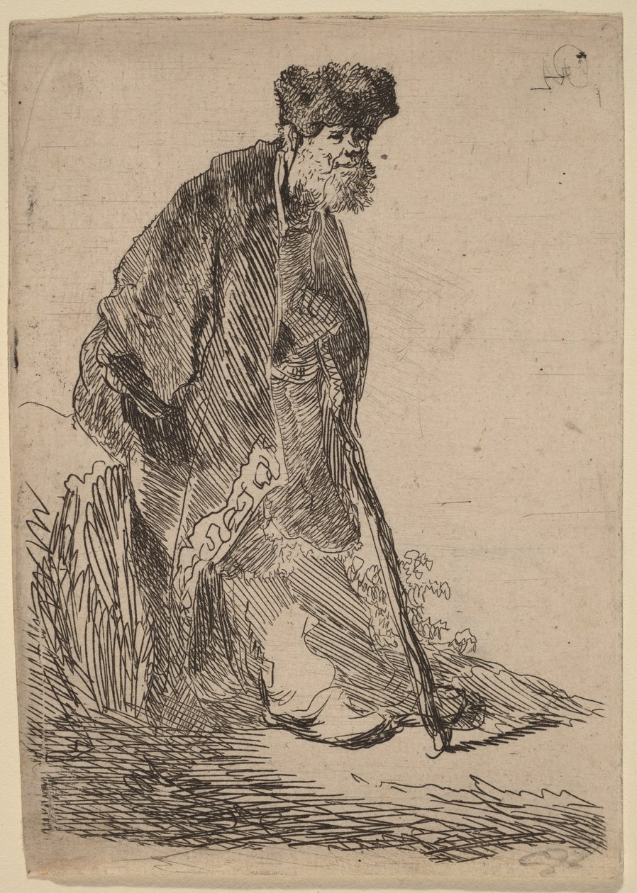 En mann i frakk og pelslue som lener seg mot en benk av Rembrandt van Rijn