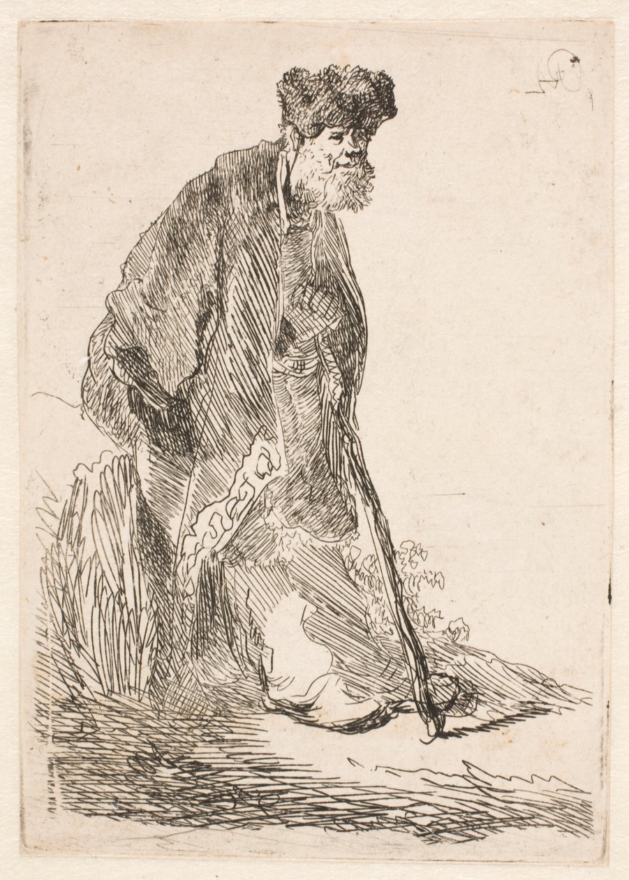 En mann i kappe og pelslue som lener seg mot en benk av Rembrandt van Rijn