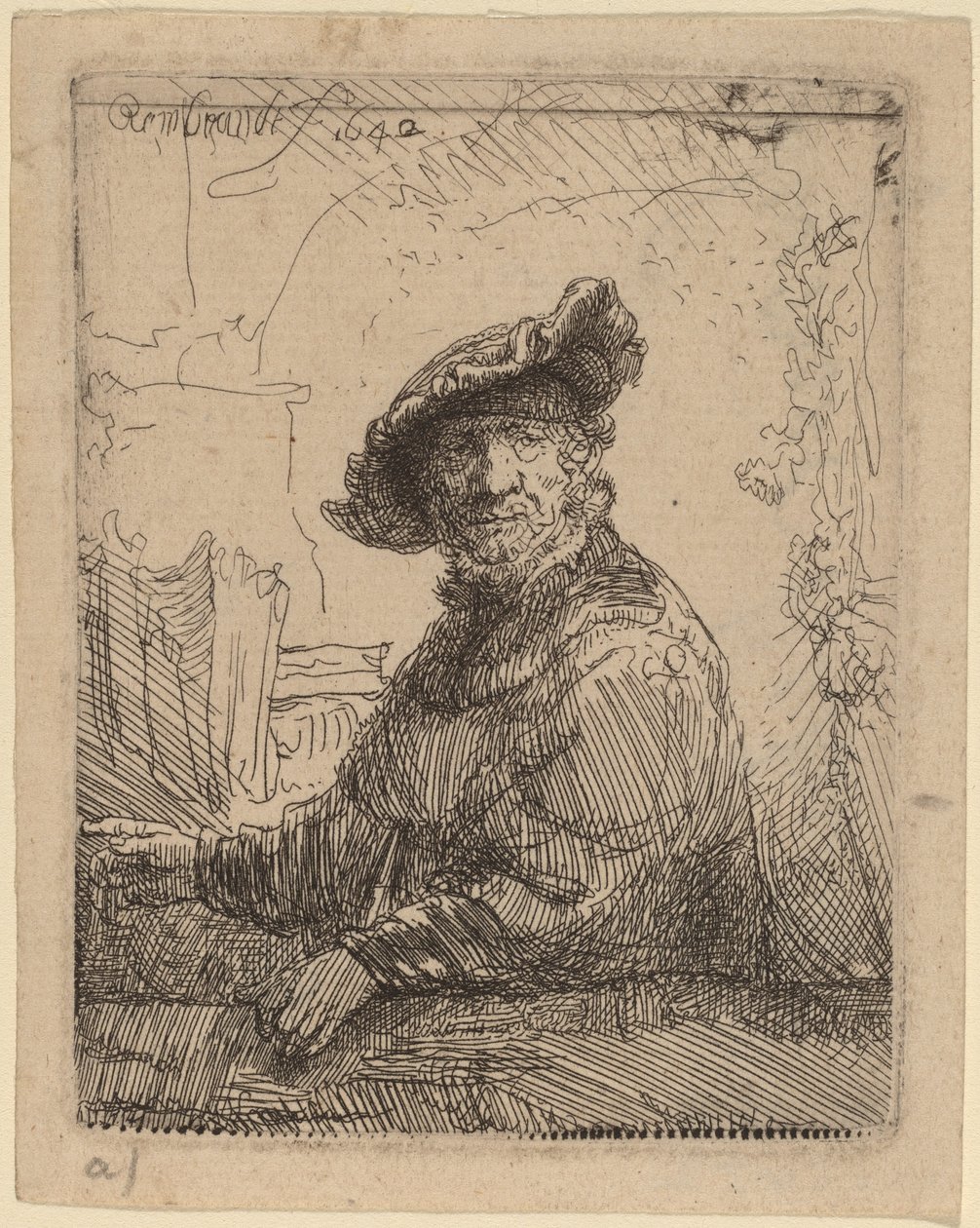 Mann i en arbor av Rembrandt van Rijn