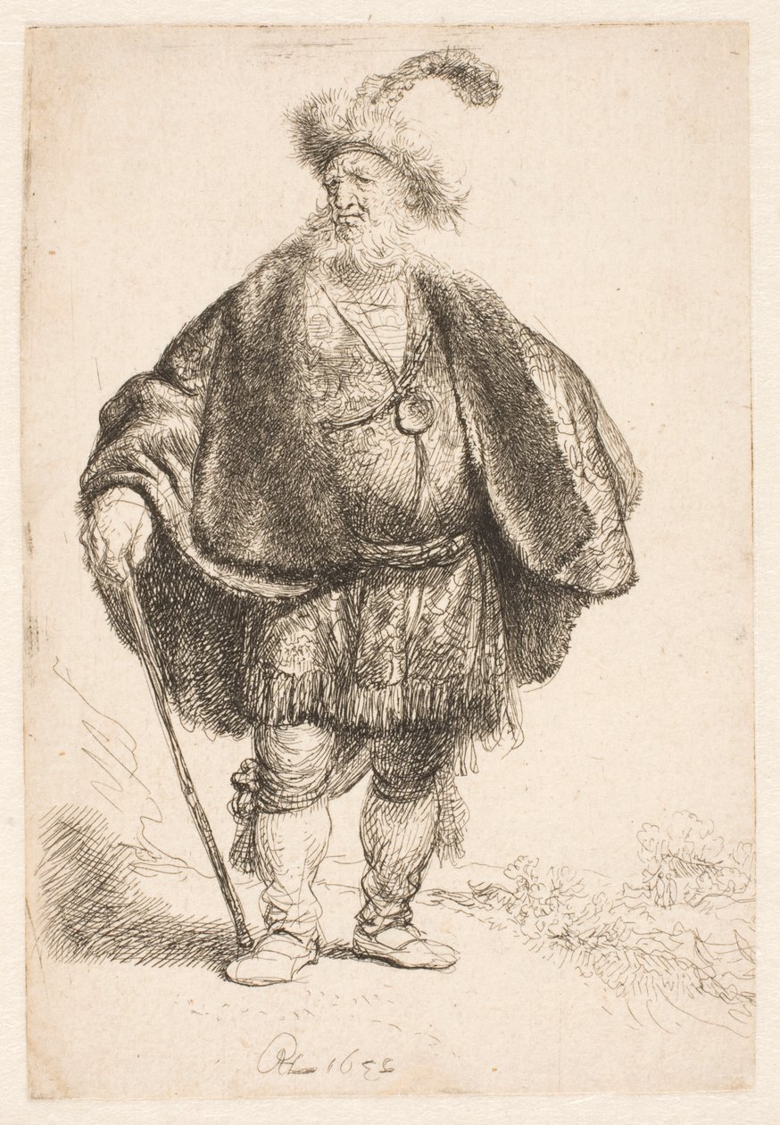 En mann i orientalsk drakt og en pelshatt med fjær av Rembrandt van Rijn