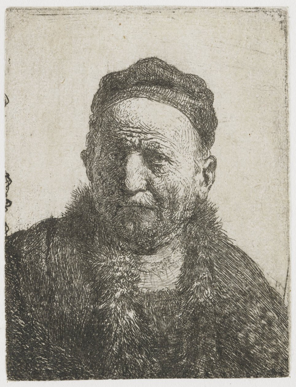 Mann med tett hette: byste (kunstnerens far?) av Rembrandt van Rijn