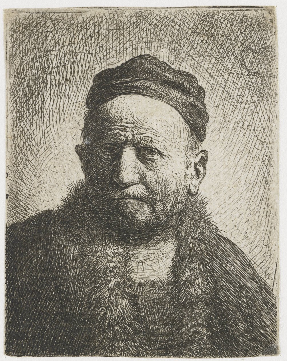 Mann med tett hette: byste (kunstnerens far?) av Rembrandt van Rijn