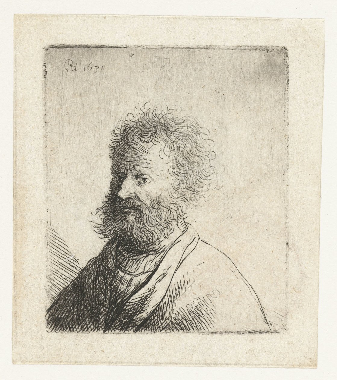 Mann med firkantet skjegg og krøllete hår: byst av Rembrandt van Rijn