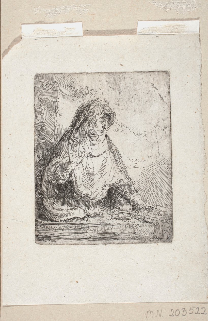 Den sørgende Jomfru Maria med korsveiens redskaper av Rembrandt van Rijn