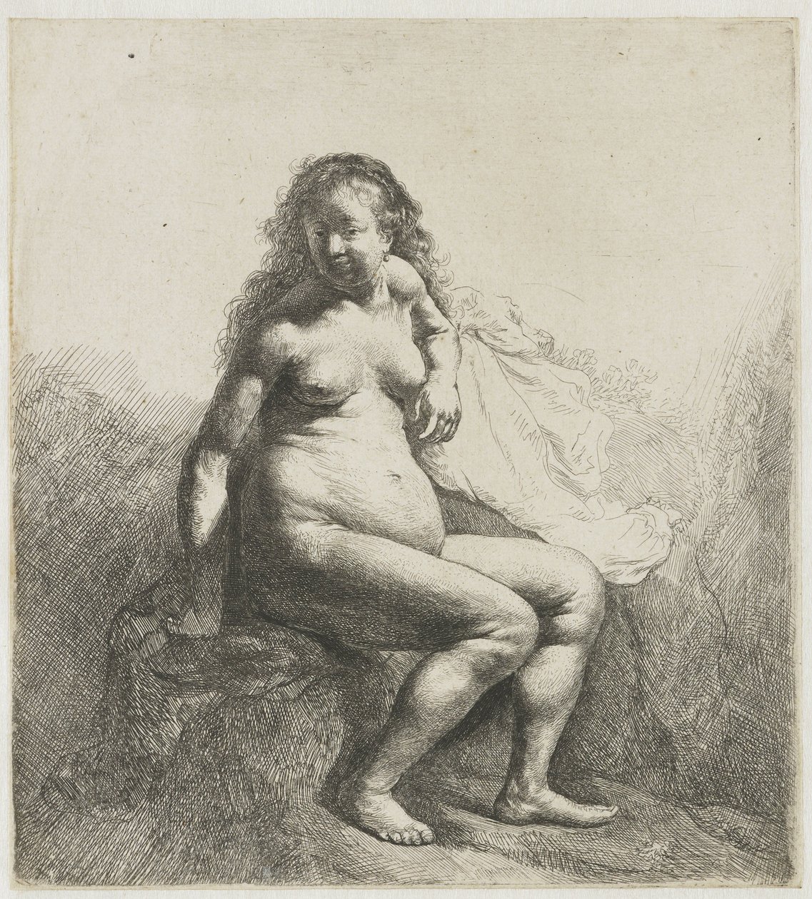 Naken kvinne på en haug Naken kvinne på en haug av Rembrandt van Rijn