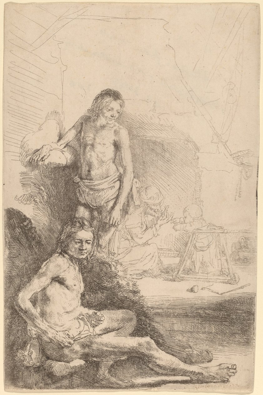 Naken mann sittende og naken mann stående, med en kvinne og baby i bakgrunnen av Rembrandt van Rijn