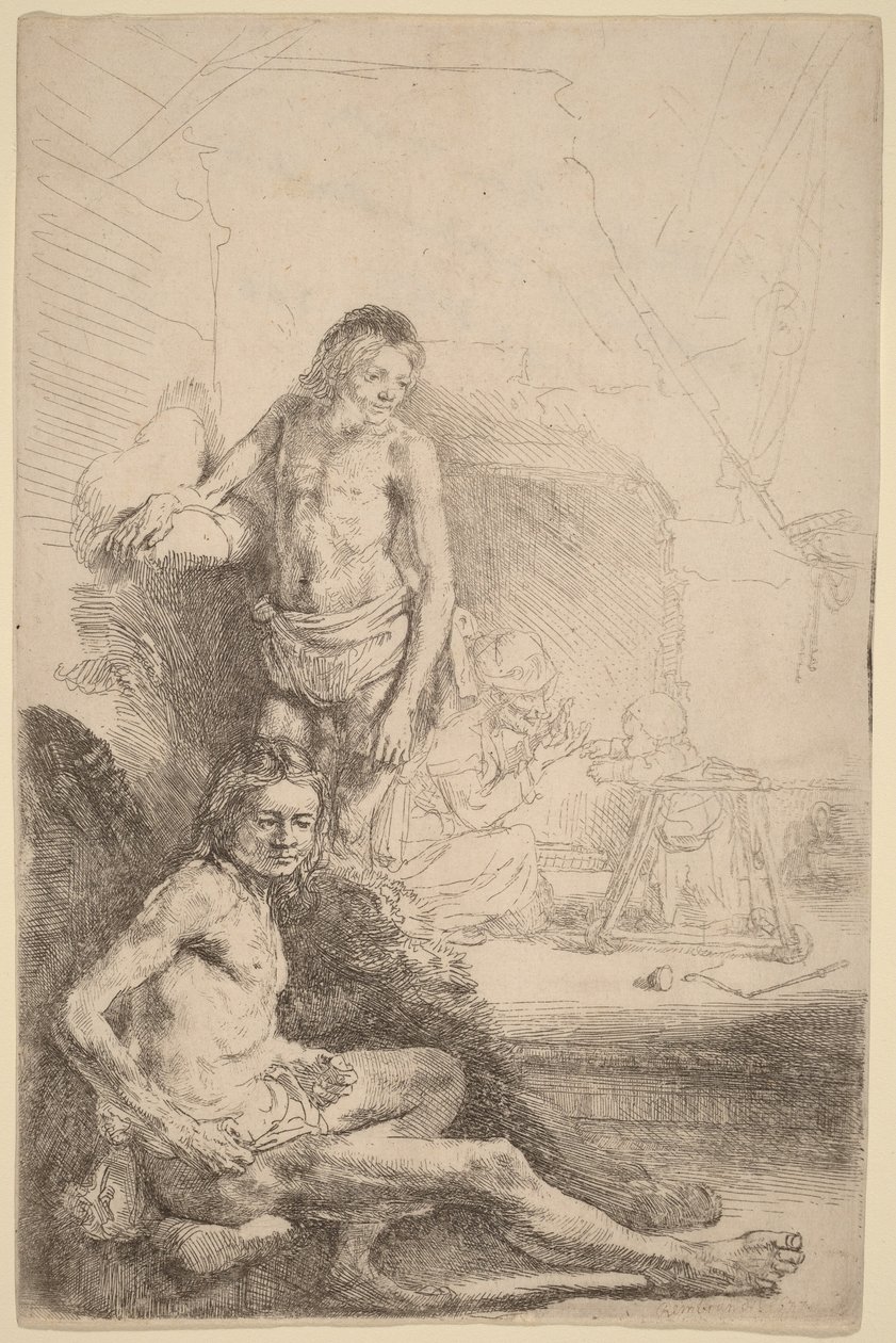 Sittende naken mann og stående naken mann, med en kvinne og et spedbarn i bakgrunnen av Rembrandt van Rijn