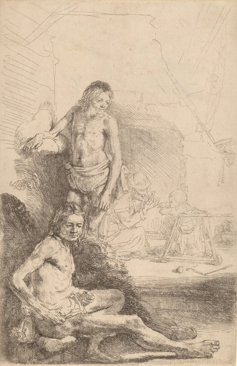 Naken mann sittende og naken mann stående, med en kvinne og baby i bakgrunnen, ca. 1646. av Rembrandt van Rijn