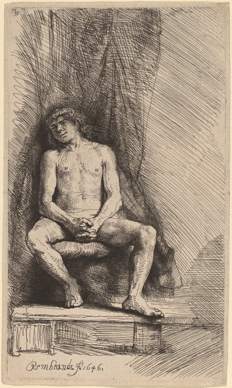 Naken mann sitter foran en gardin av Rembrandt van Rijn