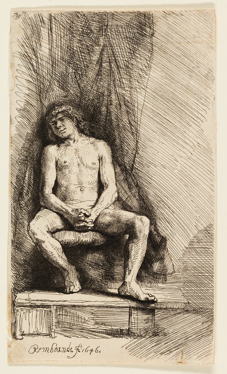 Naken mann sitter foran en gardin av Rembrandt van Rijn