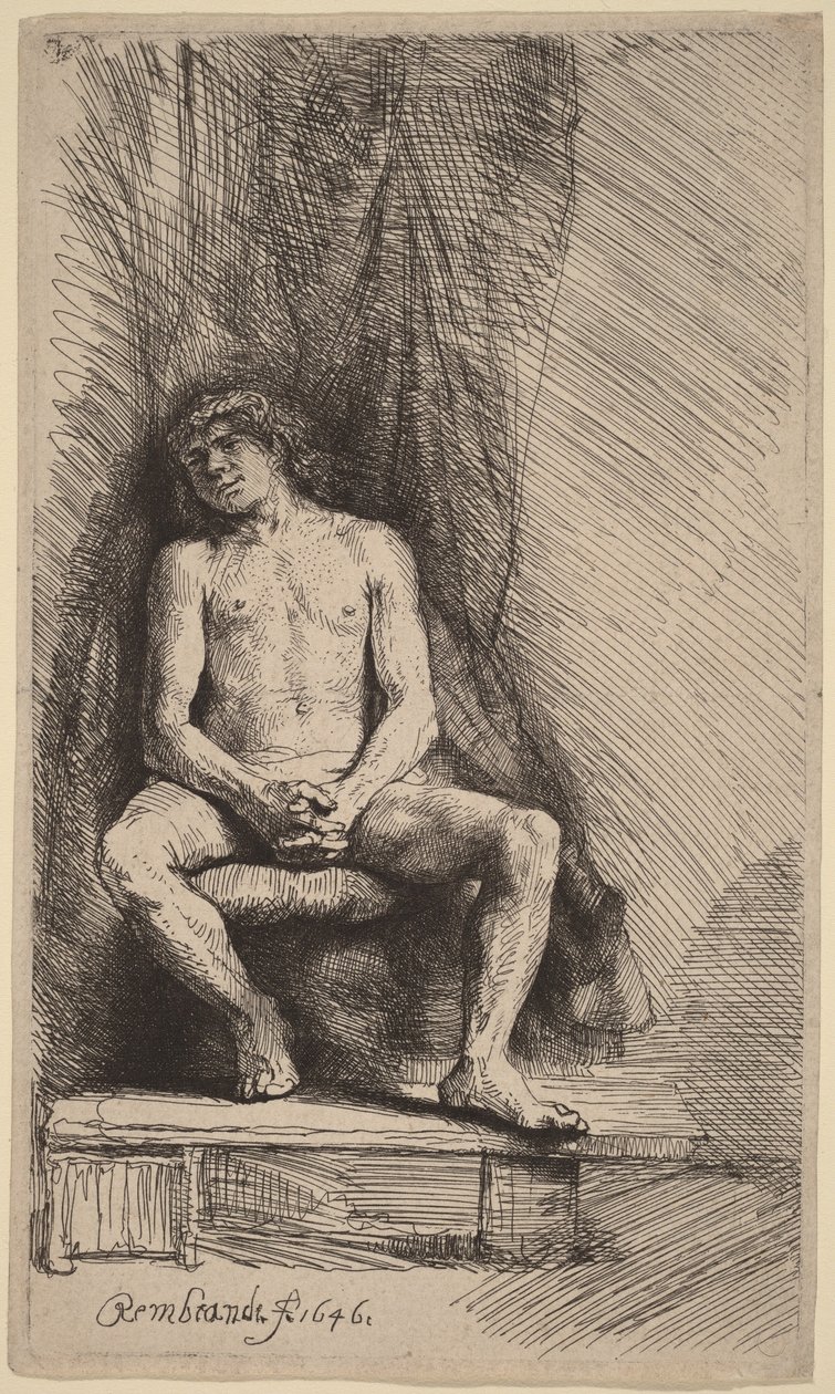 Naken mann sittende foran et gardin av Rembrandt van Rijn