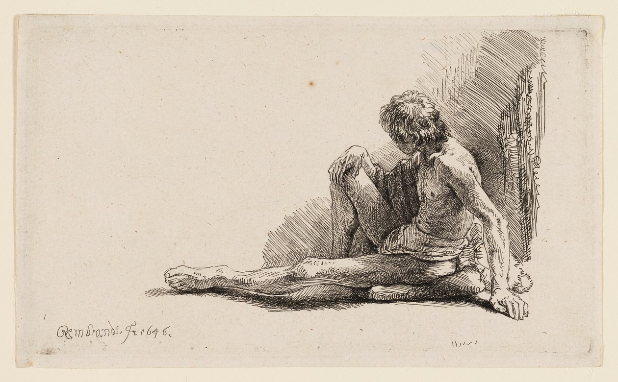Naken mann sitter på bakken med ett ben forlenget av Rembrandt van Rijn