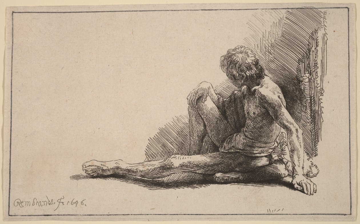 Naken mann sittende på bakken med det ene beinet utstrakt av Rembrandt van Rijn