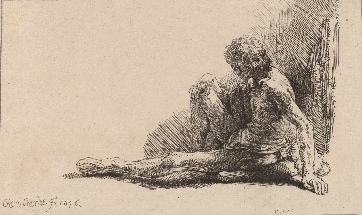 Naken mann sittende på bakken med ett ben forlenget, 1646. av Rembrandt van Rijn