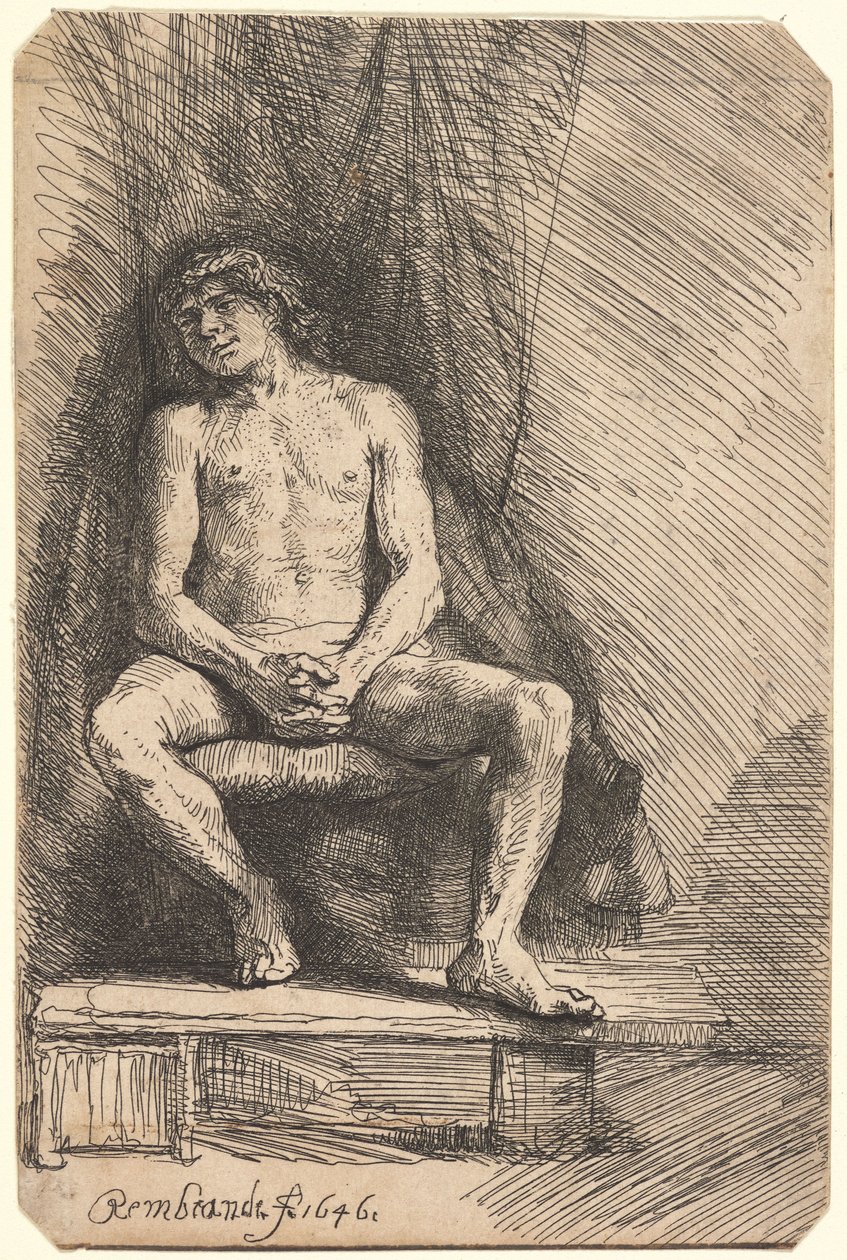 Naken mann sittende foran et gardin (BB.46-Bi) av Rembrandt van Rijn