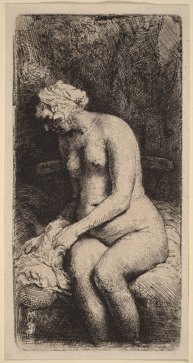 Naken kvinne sittende på en benk med en pute (Kvinne som vasker føttene ved en bekk) av Rembrandt van Rijn