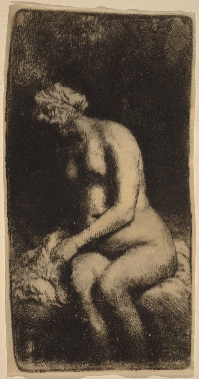 Naken kvinne sittende på en benk med en pute (Kvinne som vasker føttene ved en bekk) av Rembrandt van Rijn