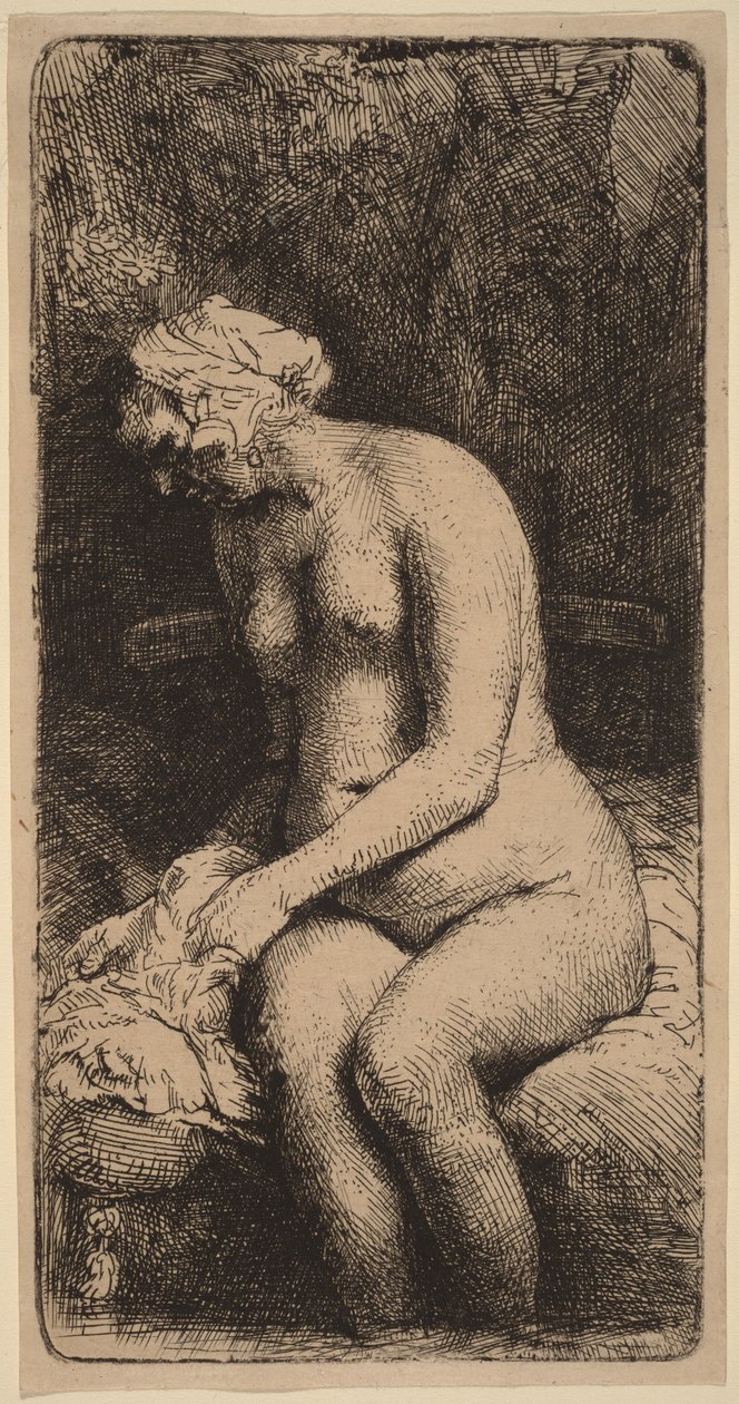 Naken kvinne sittende på en benk med en pute (Kvinne som vasker føttene ved en bekk) av Rembrandt van Rijn