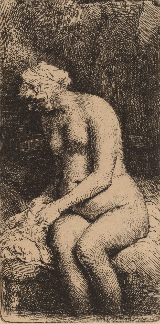 Naken sittende på en benk med en pute kvinne som bader føttene ved en bekk, 1658. av Rembrandt van Rijn