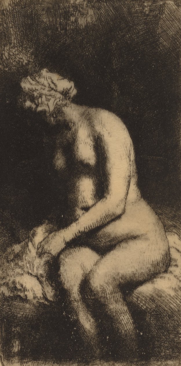 Naken sittende på en benk med en pute kvinne som bader føttene ved en bekk, 1658. av Rembrandt van Rijn