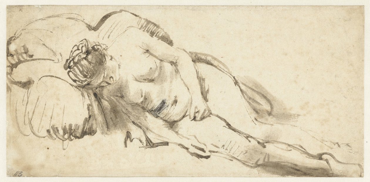 Naken kvinne som ligger på en pute av Rembrandt van Rijn