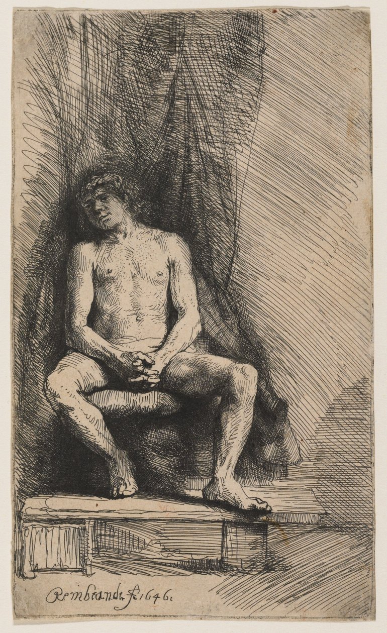 Naken ungdom sittende foran et forheng av Rembrandt van Rijn