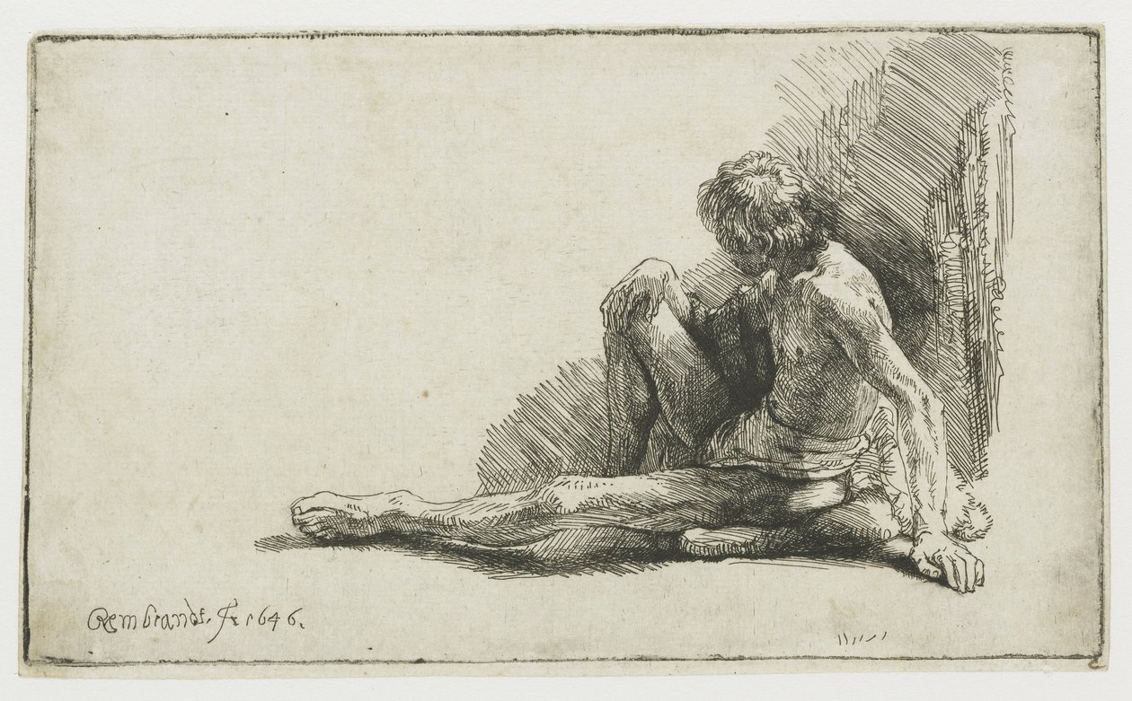Naken mann sitter på bakken med ett ben utstrakt av Rembrandt van Rijn