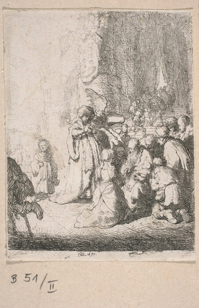 Offer i tempelet med en engel (liten tavle) av Rembrandt van Rijn