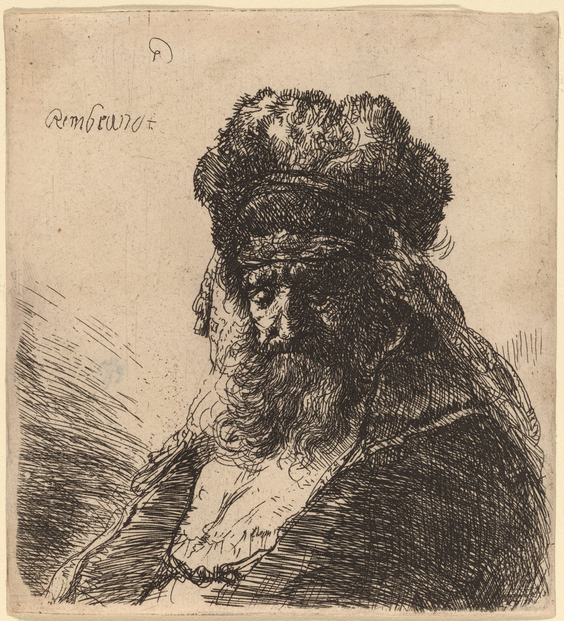 Gammel skjeggete mann i en høy pelshatt, med lukkede øyne av Rembrandt van Rijn