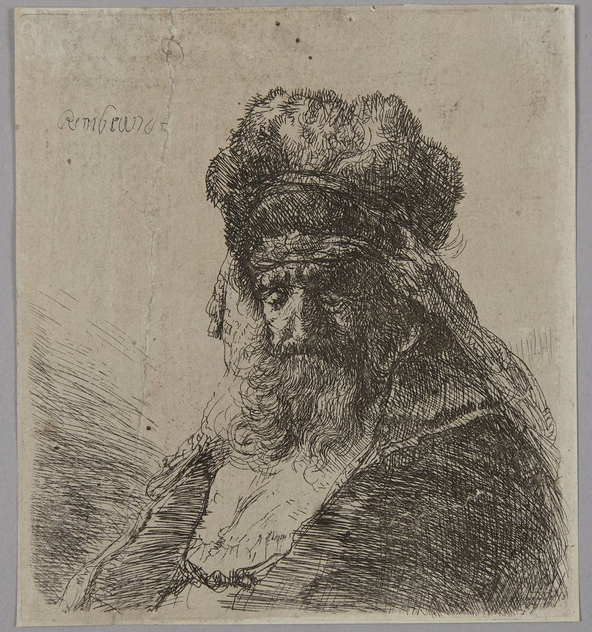 En gammel, skjegget mann med en høy pelslue, med lukkede øyne av Rembrandt van Rijn