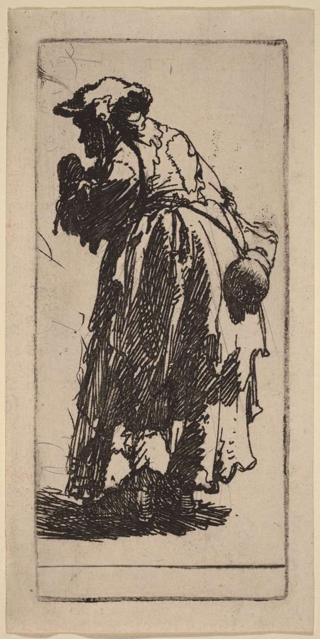 Gammel tiggerkvinne med en kalebass av Rembrandt van Rijn