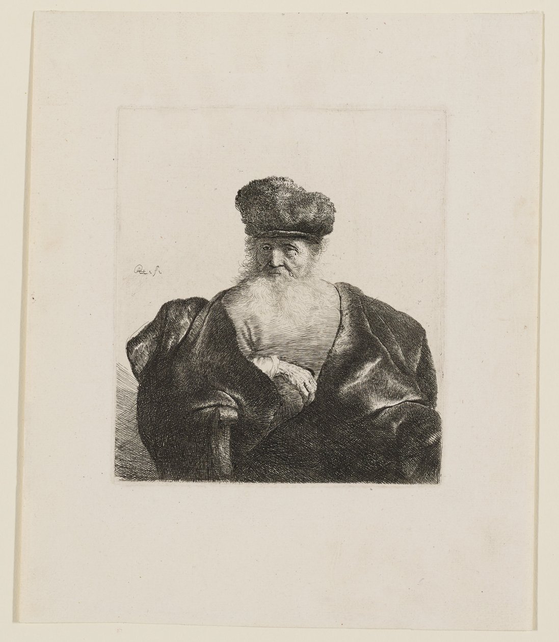Gammel mann sittende med langt skjegg, pelslue og fløyelskappe av Rembrandt van Rijn