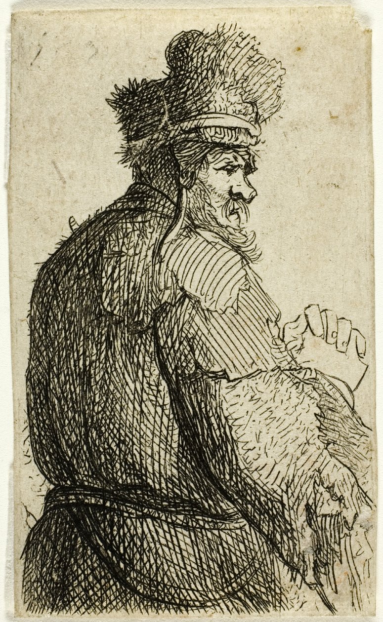 Gammel mann sett bakfra, profil til høyre: halvfigur av Rembrandt van Rijn