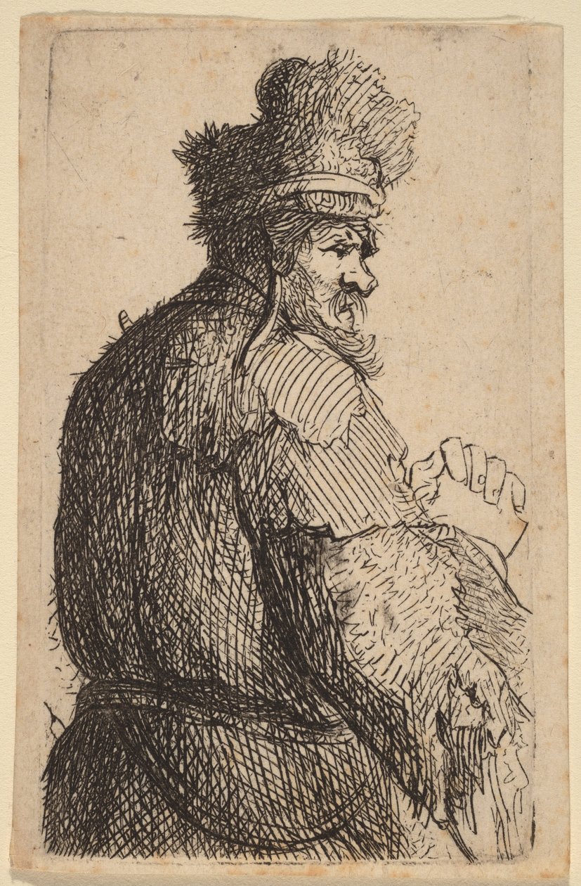 Gammel mann sett bakfra, i profil mot høyre av Rembrandt van Rijn