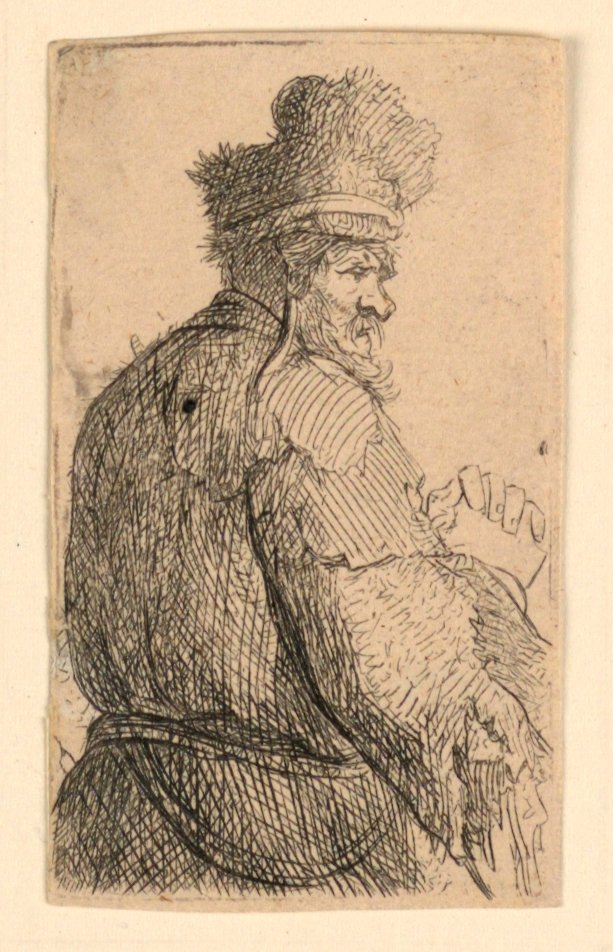 Gammel mann sett bakfra, profil til høyre: halvfigur av Rembrandt van Rijn